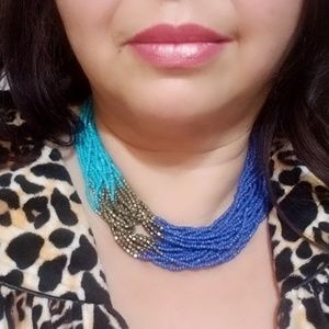 Blues and Antique Gold Beaded Necklace 18'